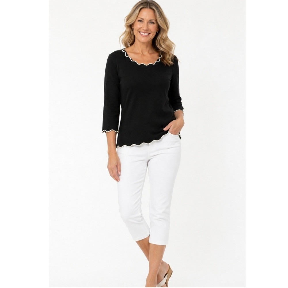 Roz & Ali Womens Petite XL Black Scalloped Trim 3/4 Sleeve Knit Sweater Top